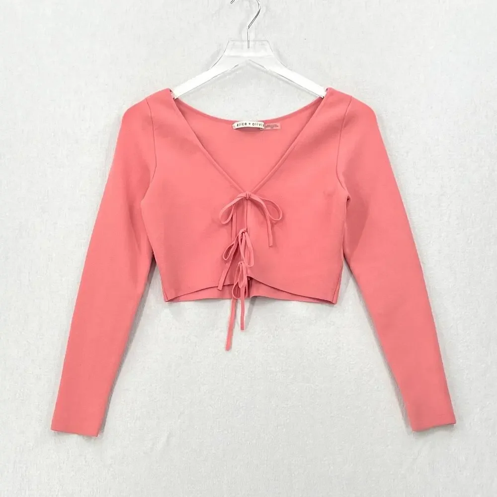 ALICE AND OLIVIA Sharee Top Womens Medium Pink Tie Knit Crop V Neck Long Sleeve